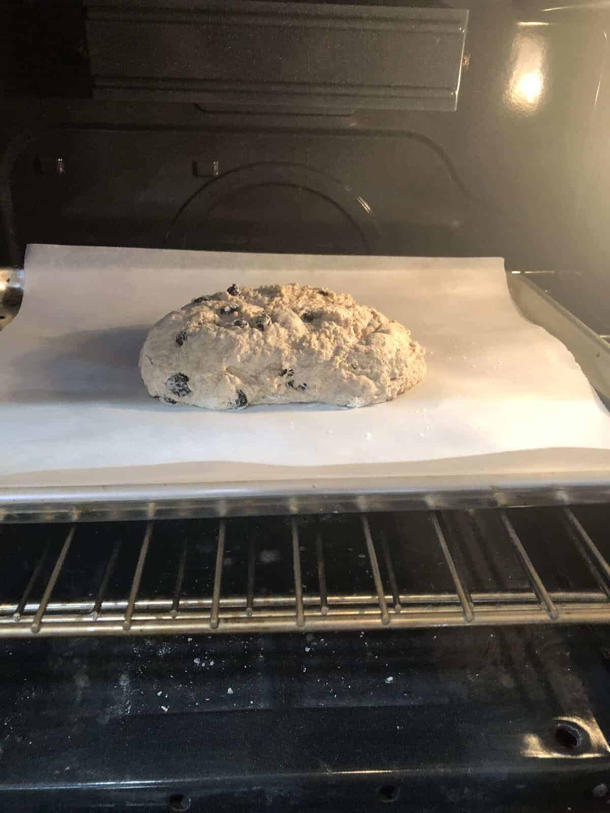 Irish Soda Bread in the Oven on a baking sheet pan with parchment paper