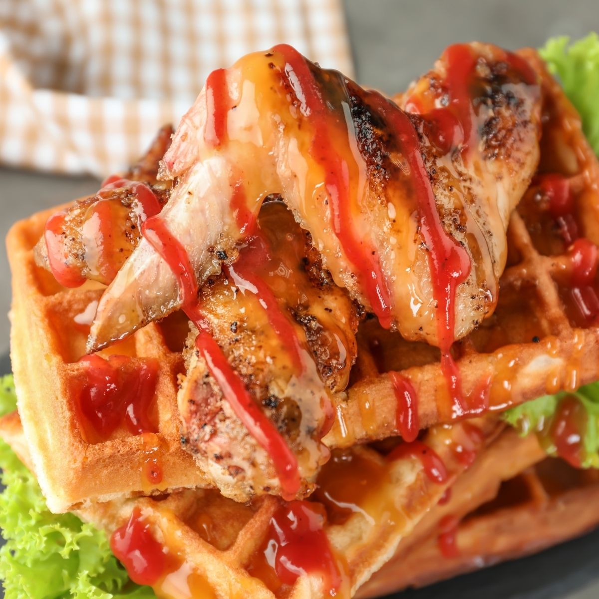 Buffalo chicken wings on top of a stack of 3 waffles over lettuce leaves