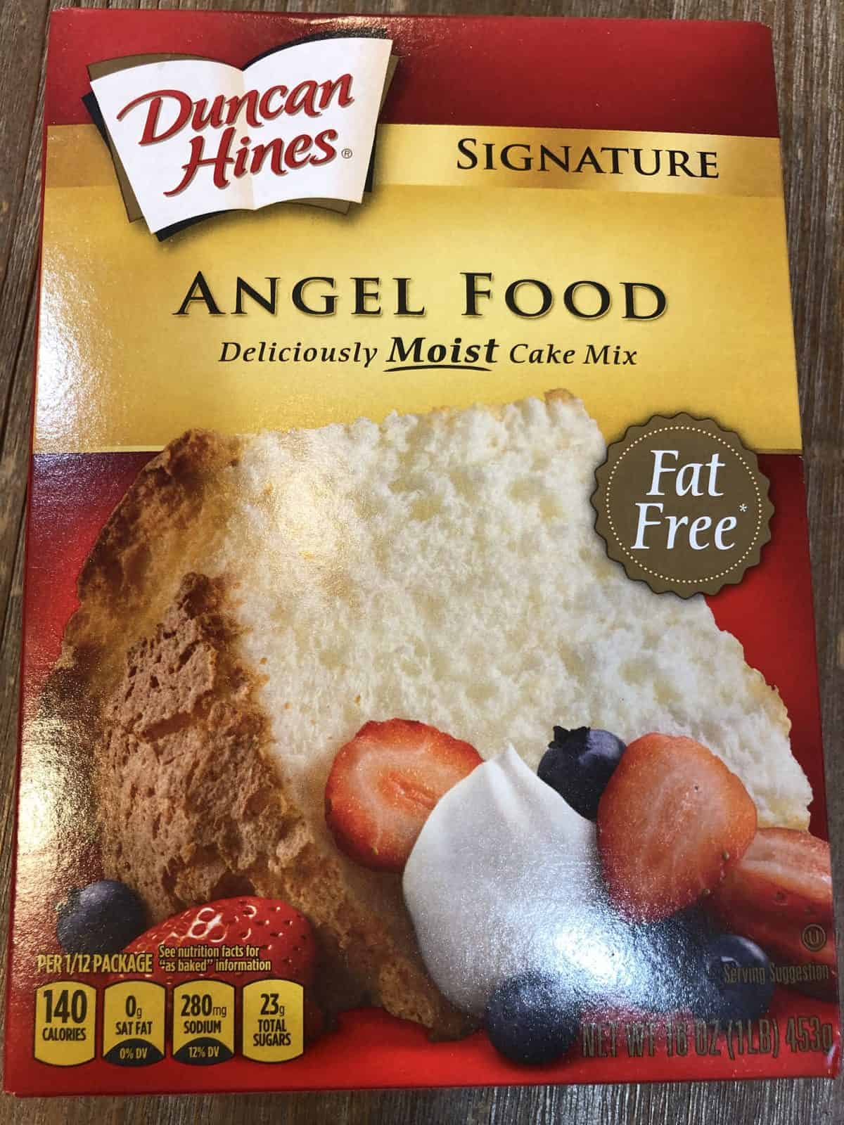 A box of Duncan Hines Angel Food Cake Mix
