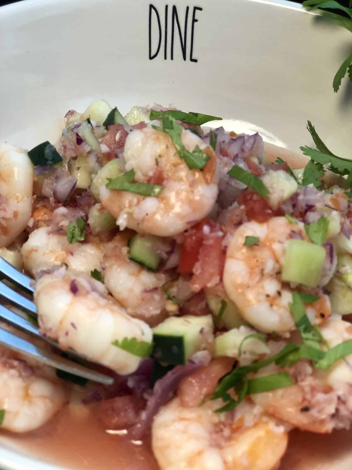 Shrimp Ceviche with cucumber in a white bowl