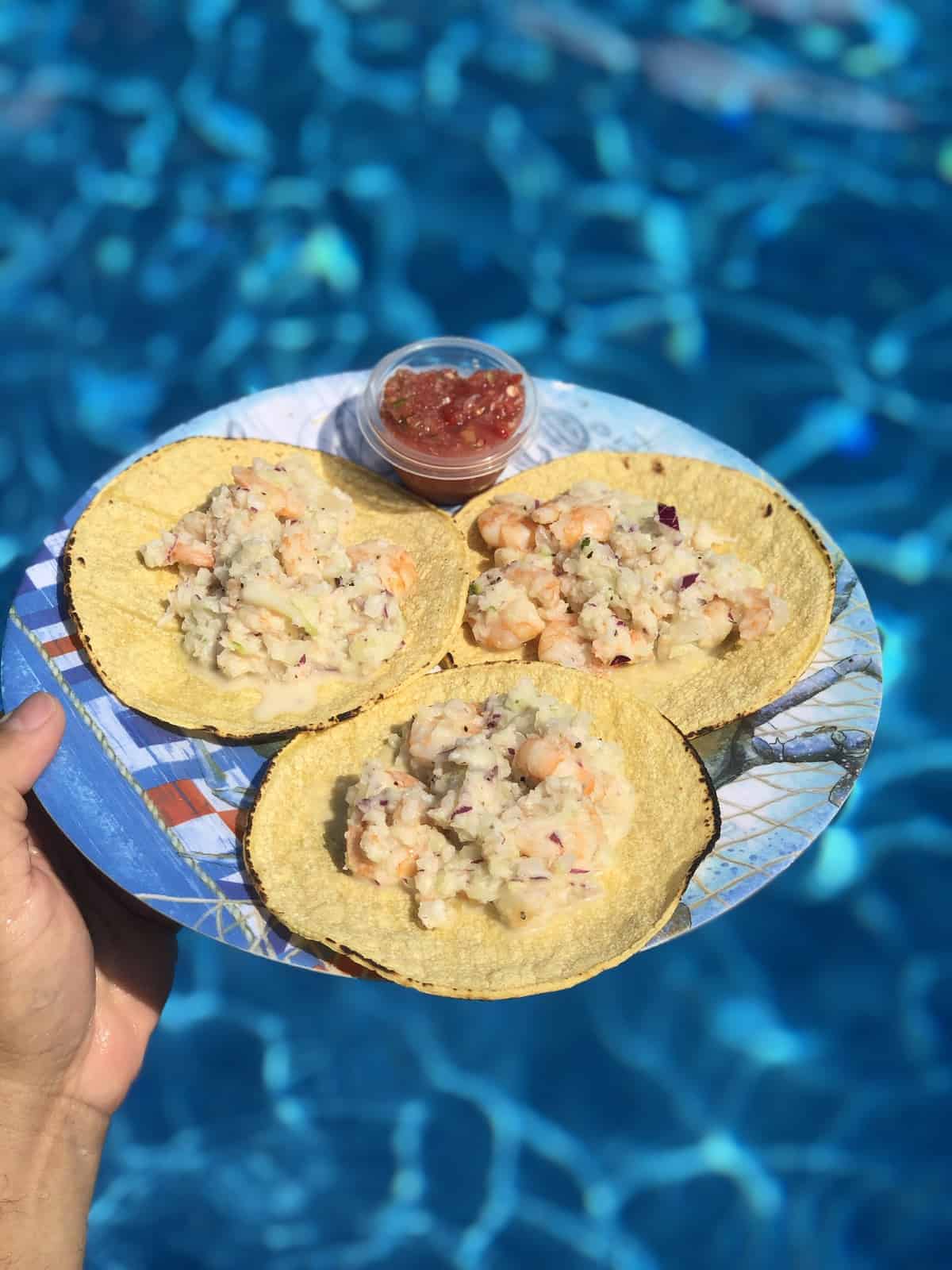 Three shrimp salad tortillas on a blue plate by the swimming pool