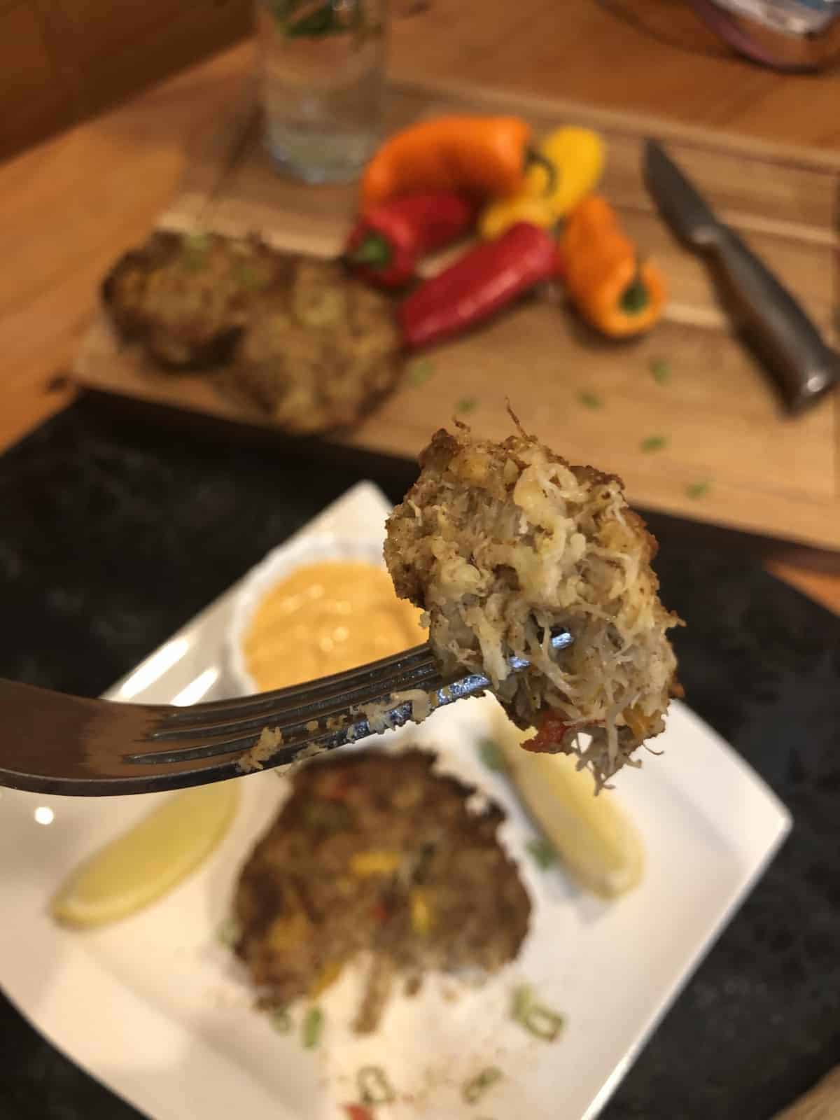 A Bite of an Air Fried Crab Cake on a fork