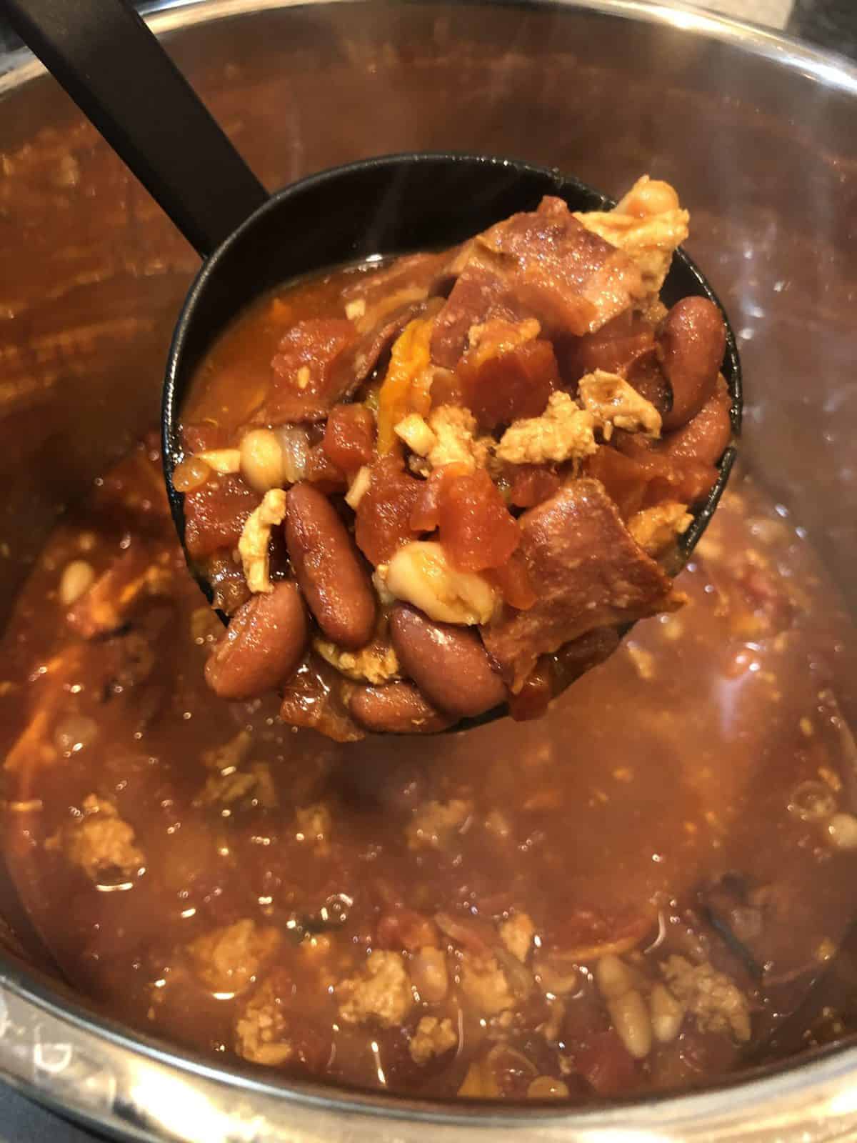 A scoop of Instant pot turkey chili