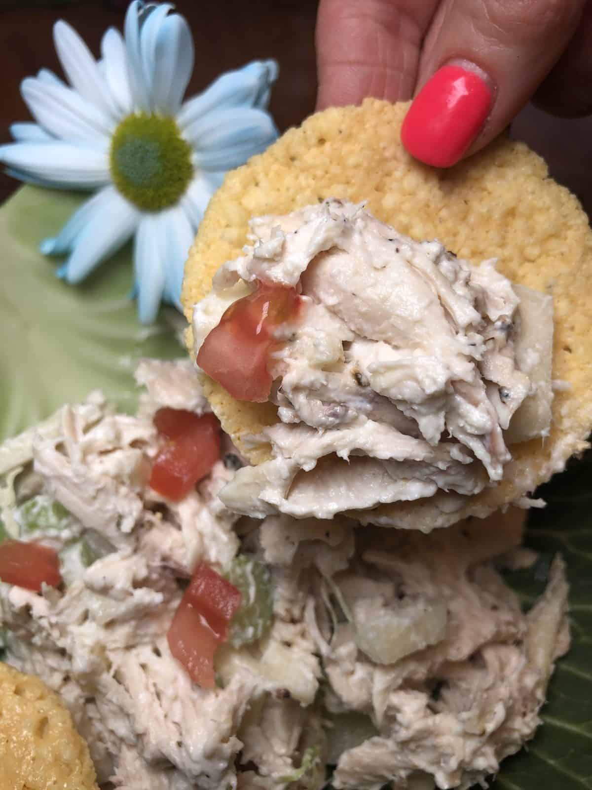 Chicken Salad on a Parmesan Crisp being held by a hand over a dollop of WW chicken salad
