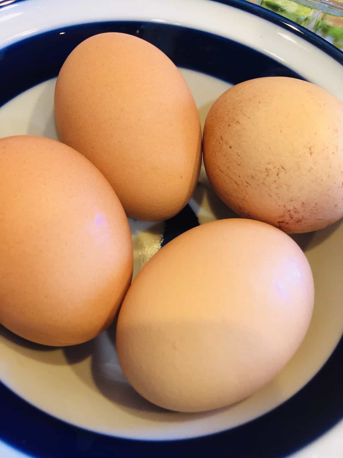 4 brown eggs in a blue and white bowl