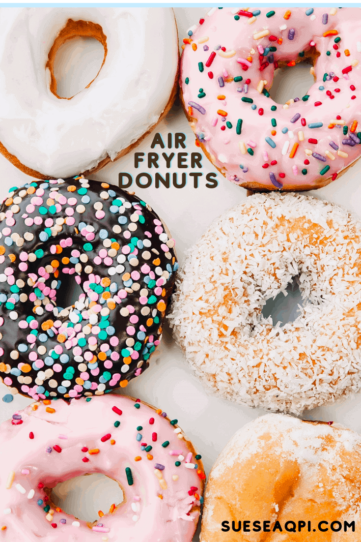 Six Air Fryer Donuts with frosting and sprinkles