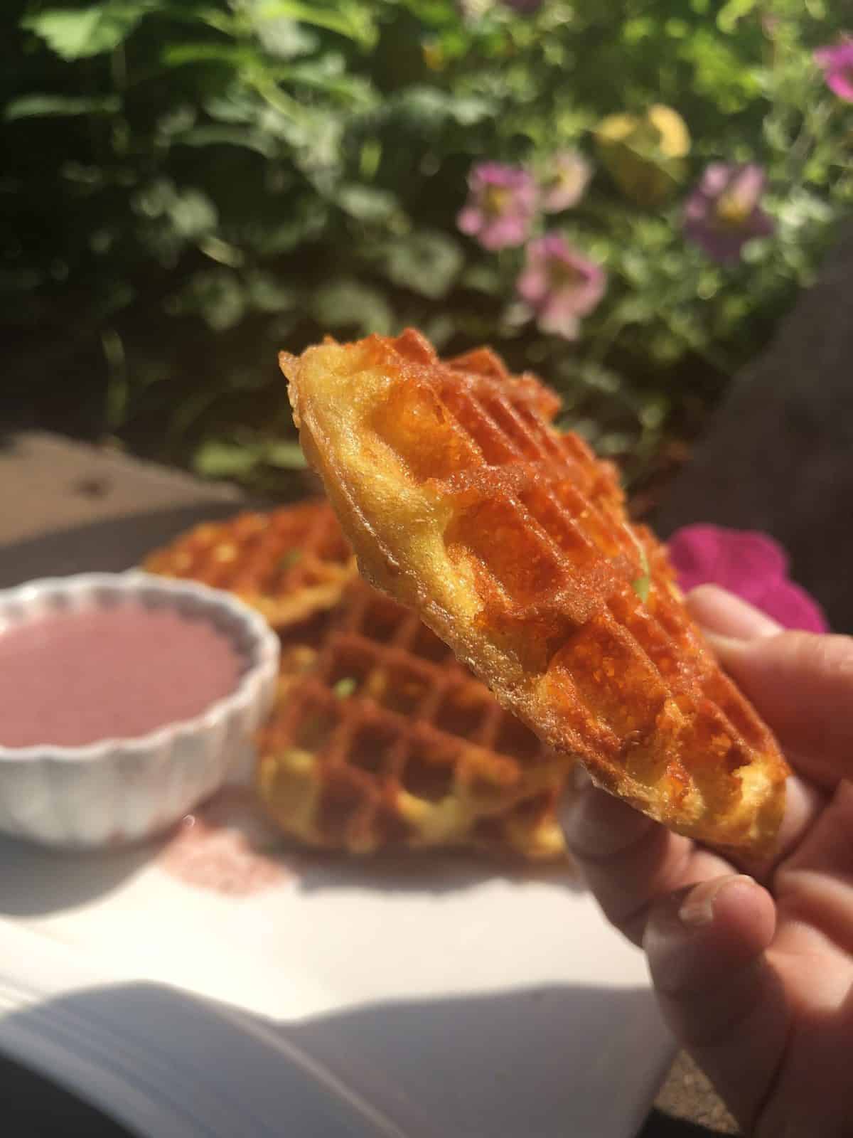 A keto friendly chaffle in a hand being held in a garden next to a bowl of strawberry puree