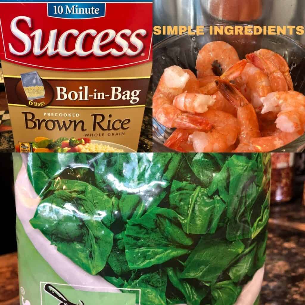 A box of Success Minute Rice, a bowl of uncooked shrimp and a bag of frozen spinach
