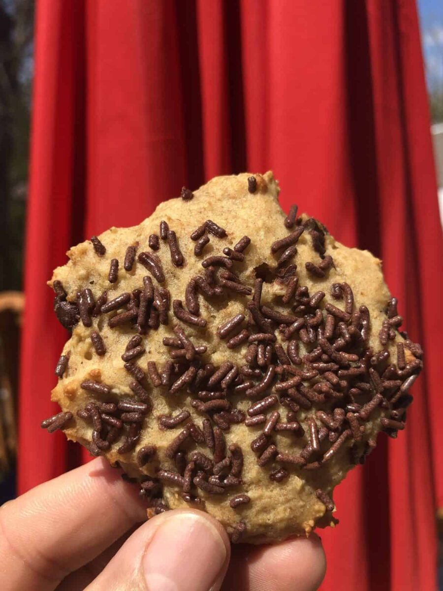 WW Cookie with chocolate sprinkles being held in a hand in front of a red curtain