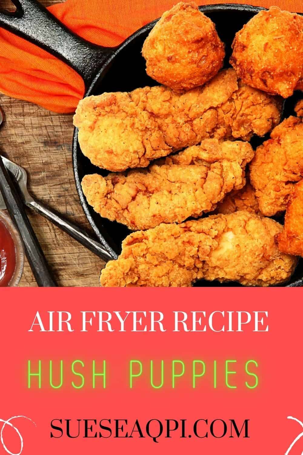 Air fryer hush puppies and  fried chicken in a cast iron skillet on a wooden table with an orange napkin