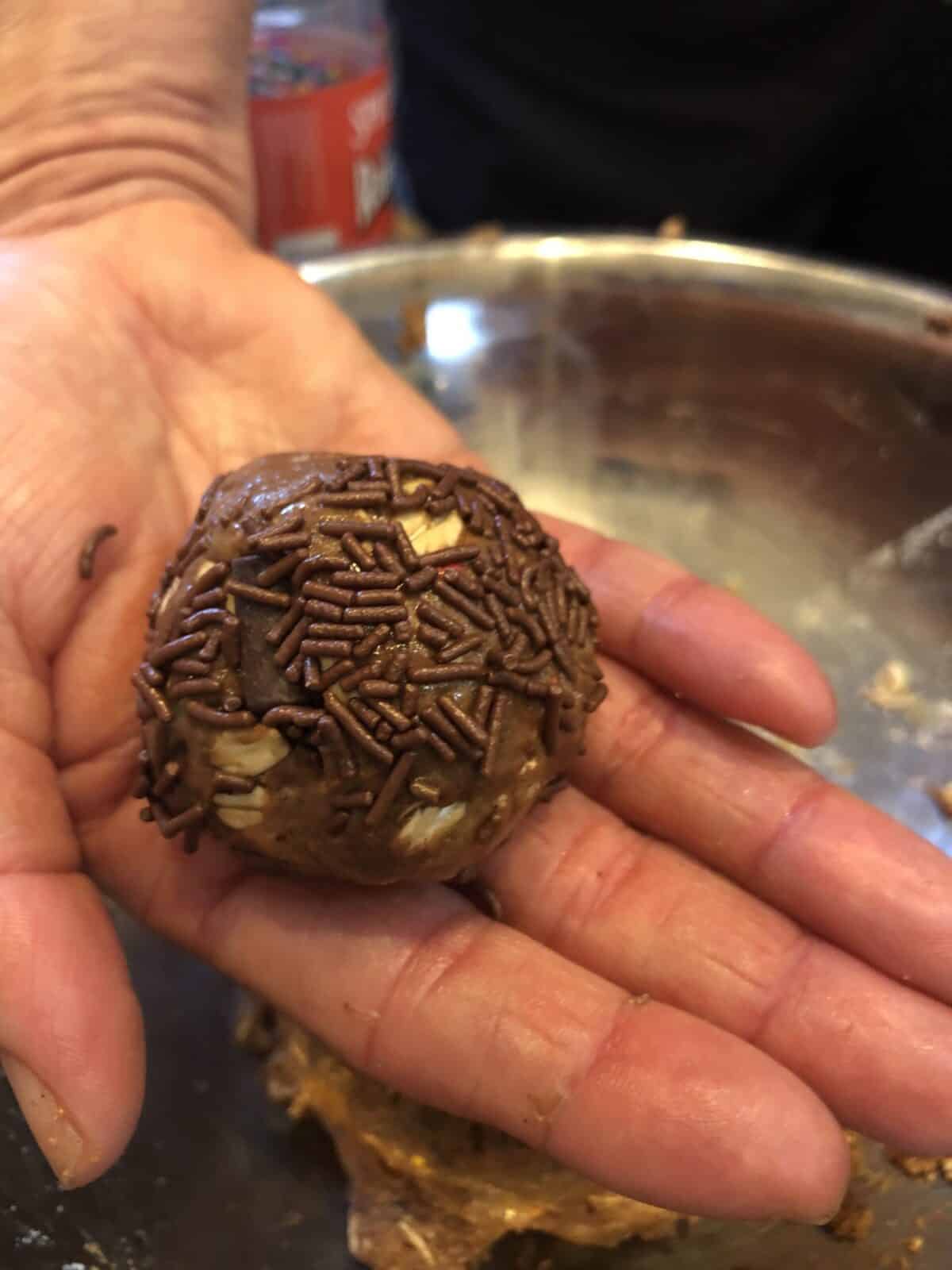 A hand holding a Chocolate Hazelnut Protein Ball covered with chocolate sprinkles over an empty stainless steel bowl