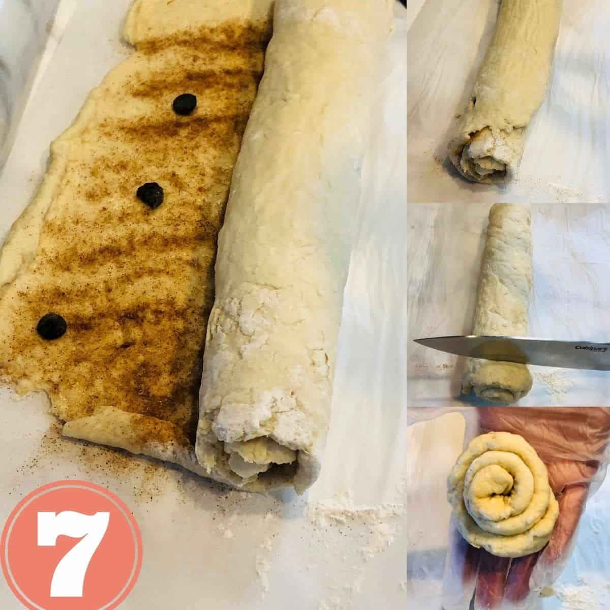 Rolled dough with cinnamon and sugar being sliced with a knife into cinnamon rolls