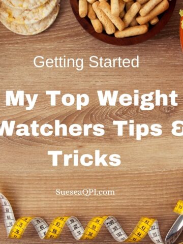 Bowls of snacks on a wooden cutting board with a tape measure and my top Weight Watchers Tips & Tricks