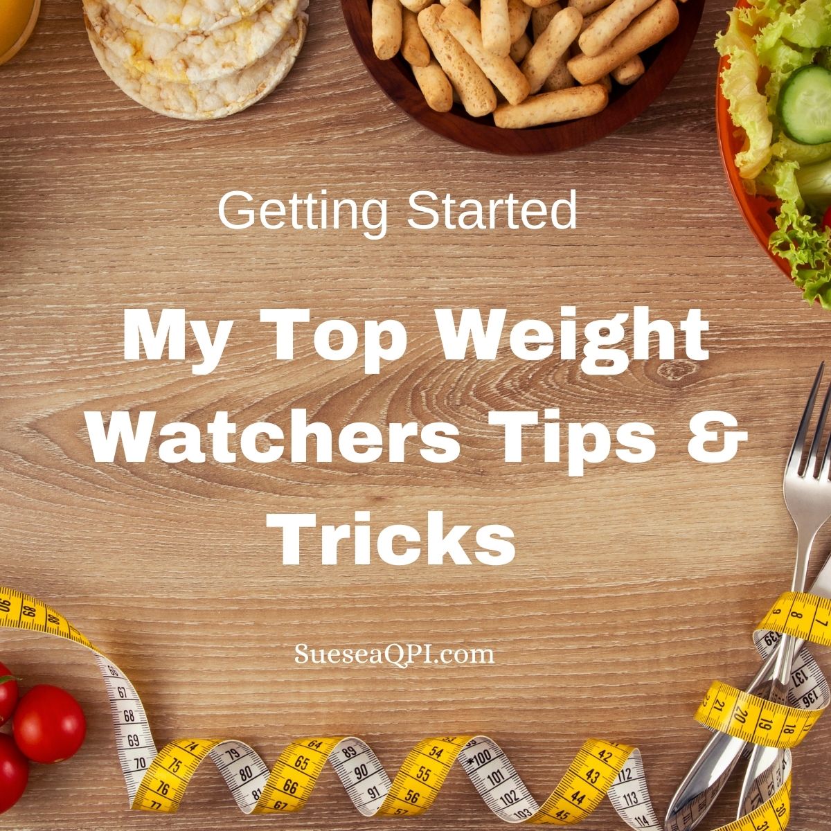Bowls of snacks on a wooden cutting board with a tape measure and my top Weight Watchers Tips & Tricks