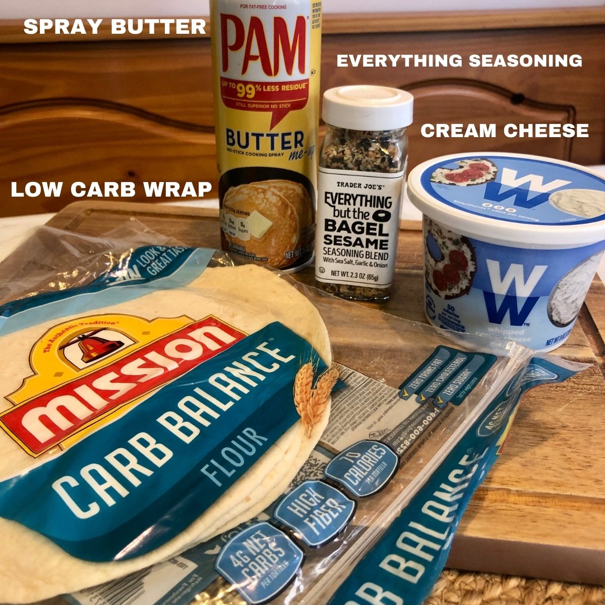 Ingredients for everything bagel bites - PAM butter spray, low carb tortillas,WW cream cheese and trader joes everything seasoning