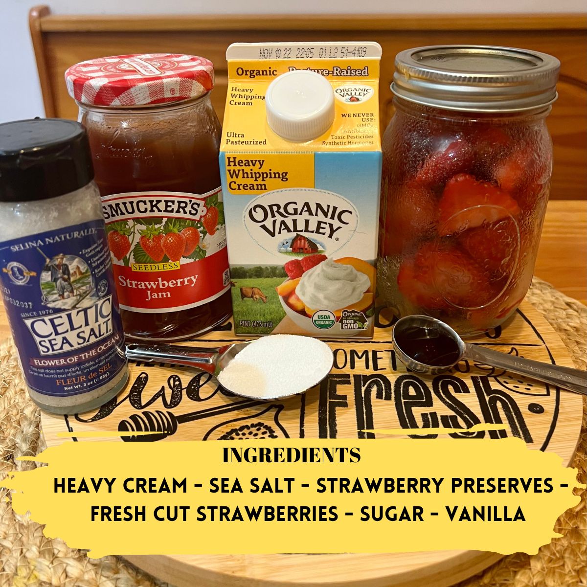 Mason jar ice cream ingredients heavy cream salt strawberry preserves sugar vanilla