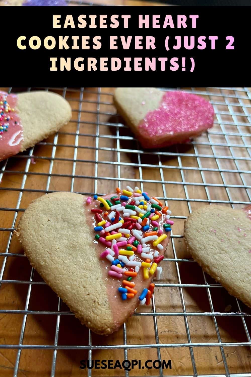 2 Ingredient Heart Shaped Cookies on a wire cooling rack
