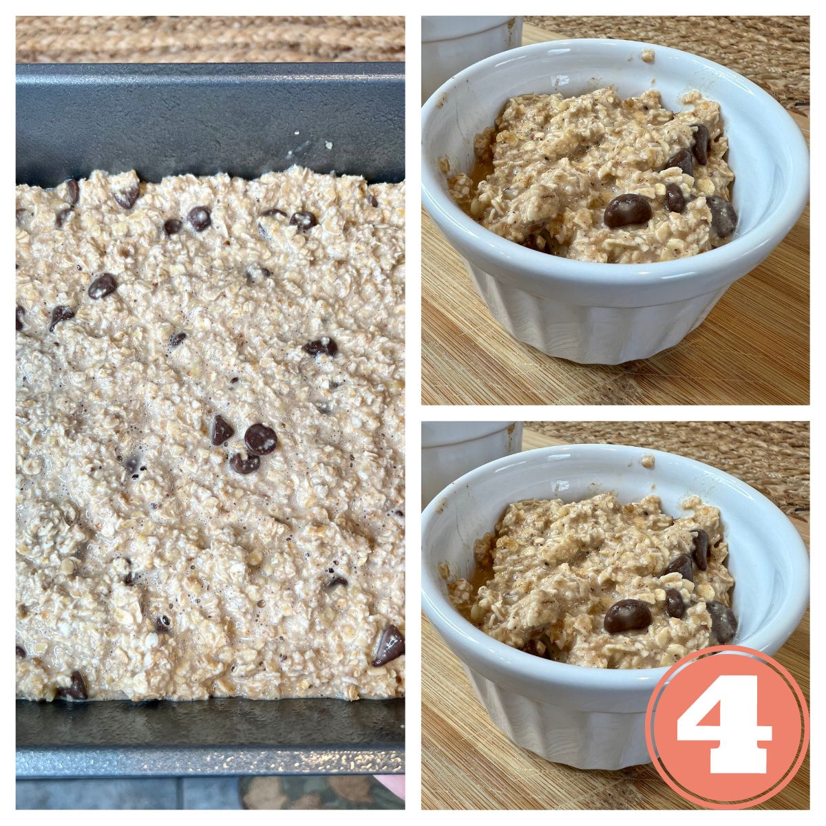 Baked Oatmeal with nuts in a baking pan and in a white ramekin