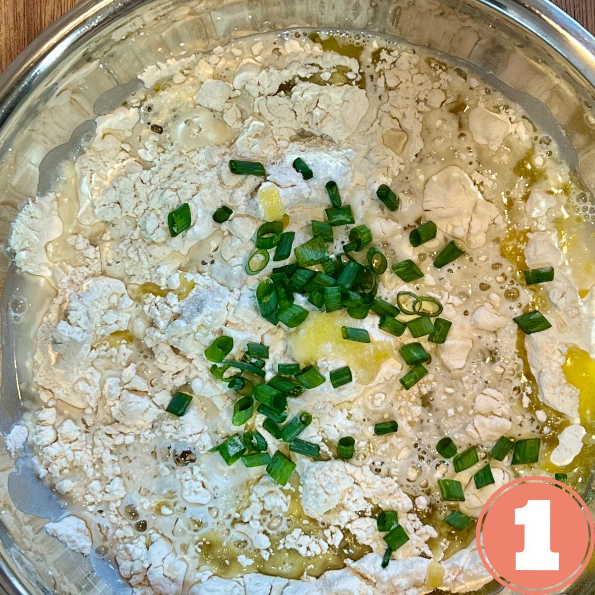 Vegan tortilla ingredients in a bowl flour oil water chives baking powder salt