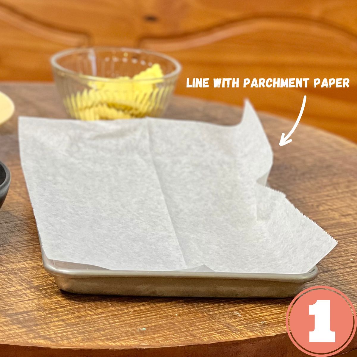 A sheet pan line with white parchment paper