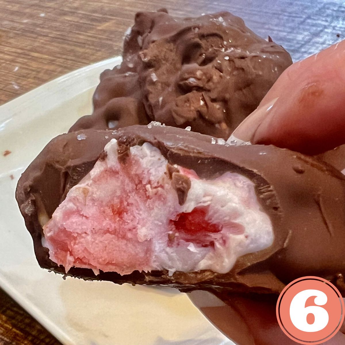 Chocolate covered frozen yogurt berry bar in a hand