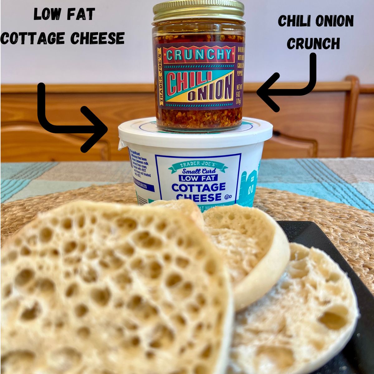Chili Onion Crunch Muffin Ingredients English muffins low fat cottage cheese and a jar of trader joes chili onion crunch