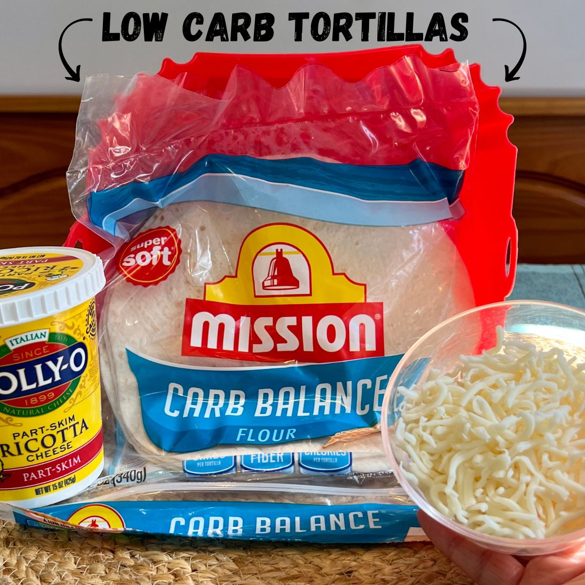Low carb pizza ingredients a container of low fat ricotta cheese low carb flour tortillas and fat free mozzarella cheese