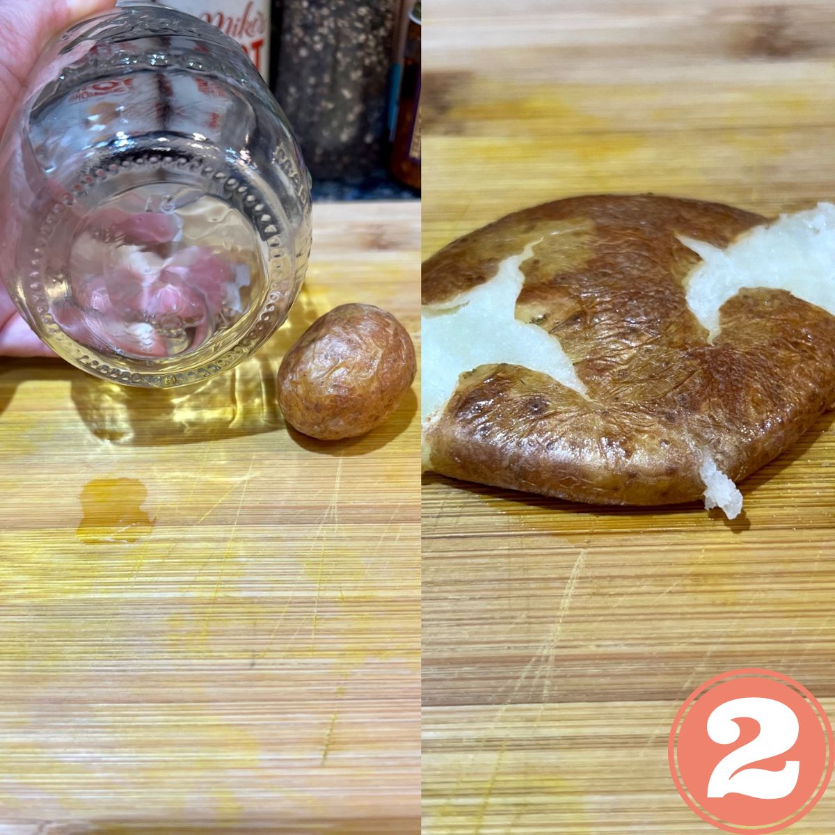 A glass mason jar and a baby potato being flattened with the jar