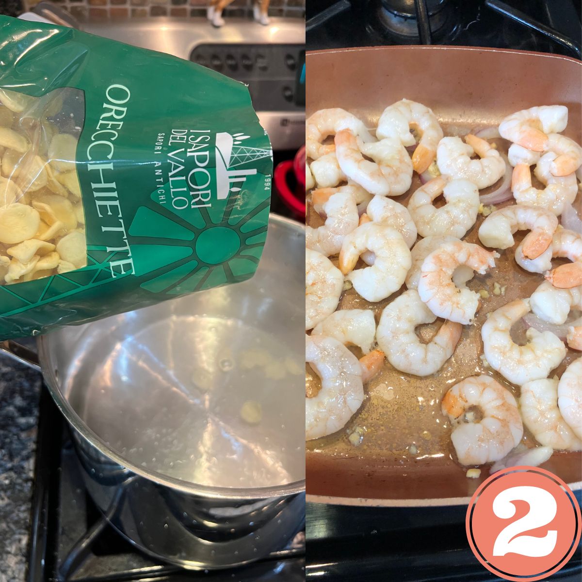 a bag of pasta being poured into boiling water and shrimp being cooked in a copper pan