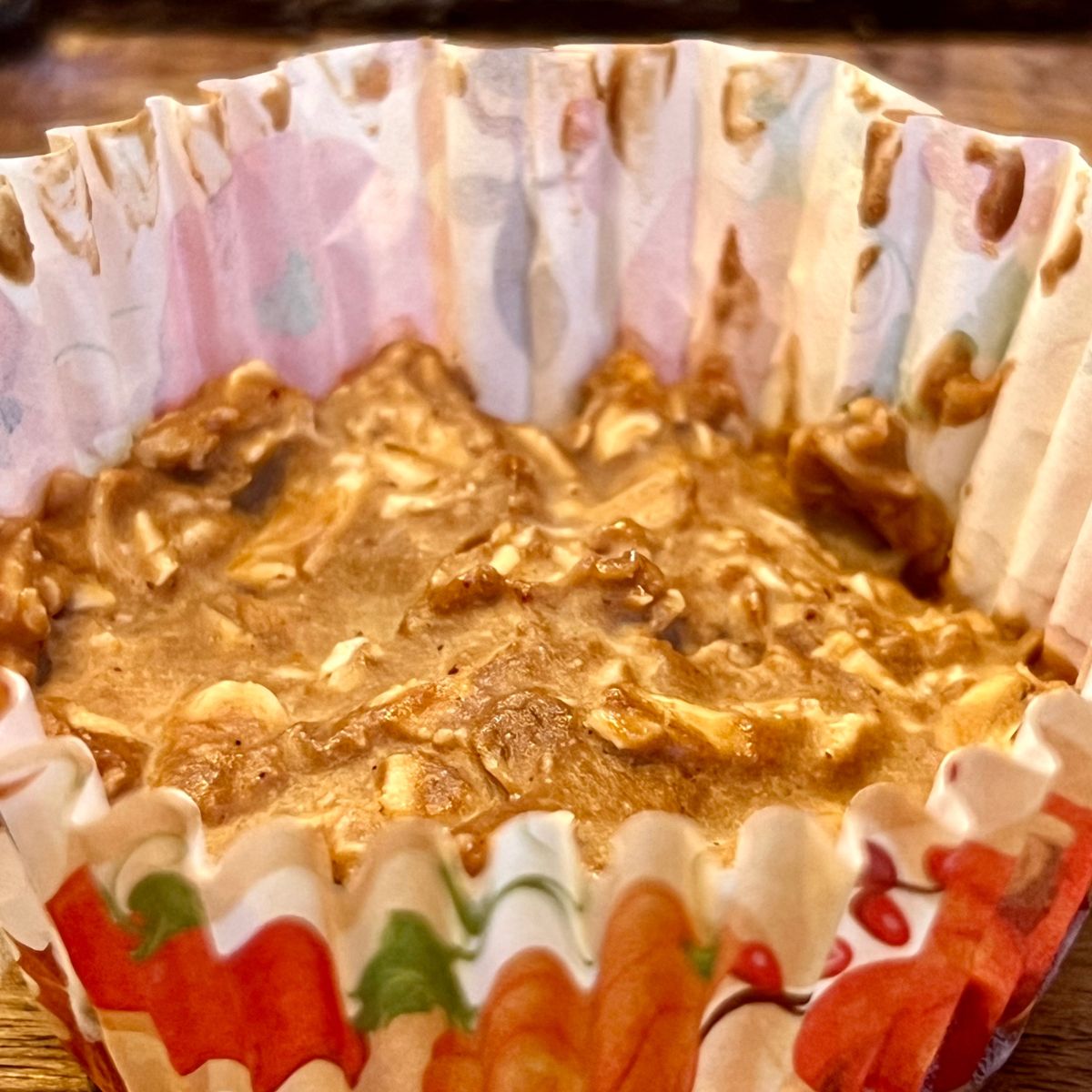 A no bake breakfast muffin in a holiday paper liner