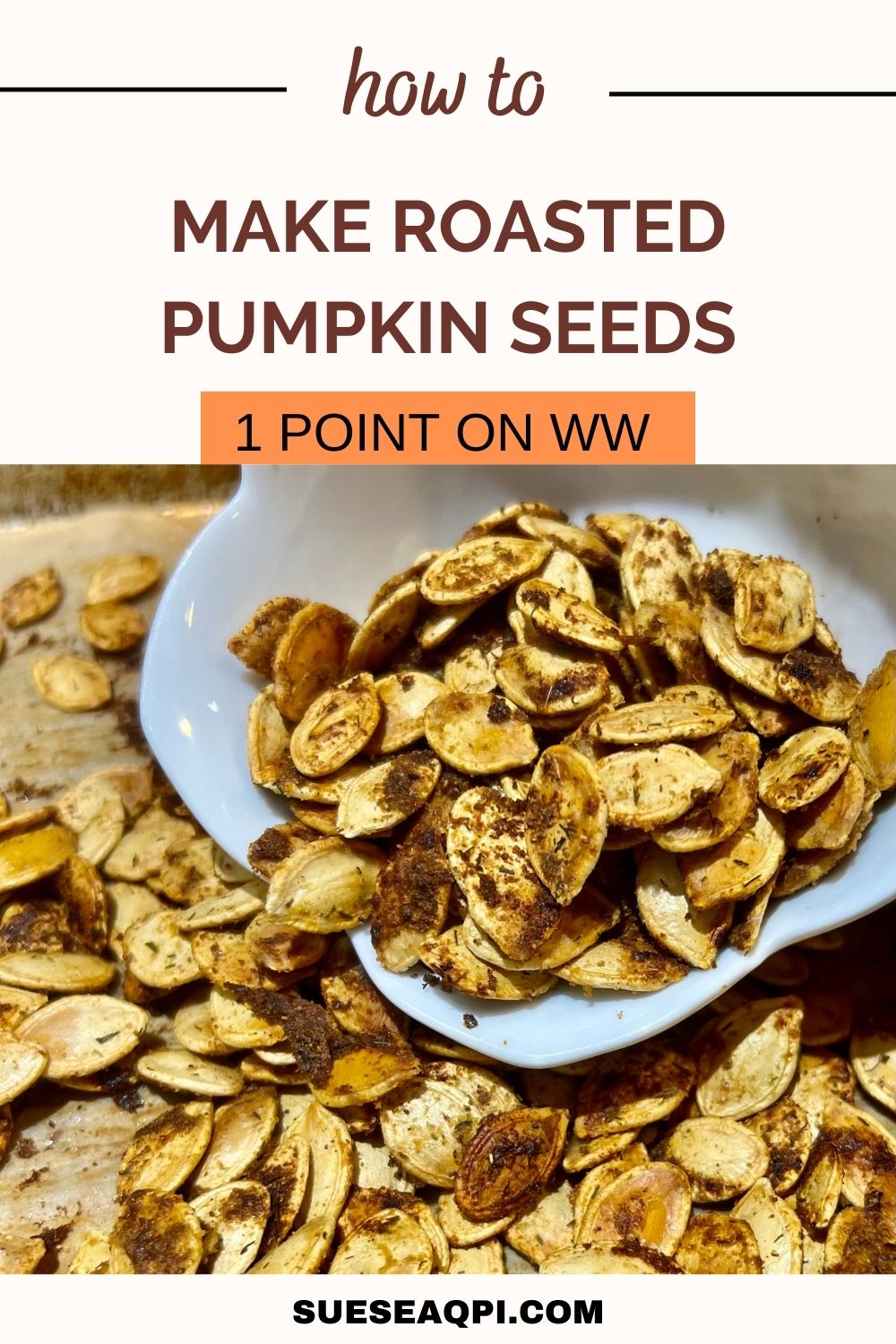 WW roasted seasoned pumpkin seeds in a white bowl