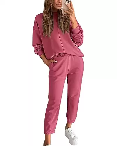 BTFBM 2023 Women 2 Piece Outfits Long Sleeve Pullover Jogger Pants Lounge Sets Thick Fall Winter Sweatsuits Tracksuit(Solid Peach Red, Large)