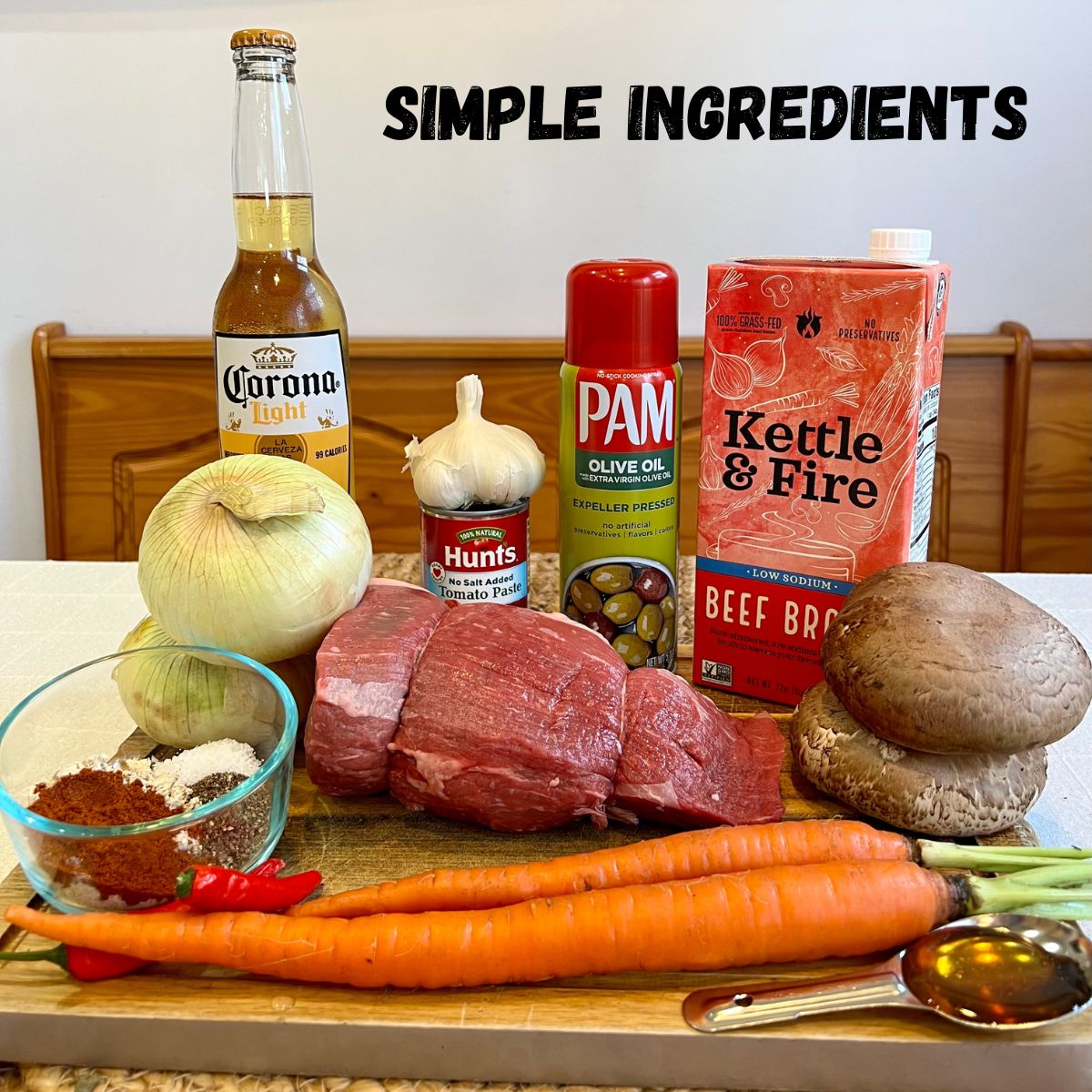 Chili con carne ingredients carrots onions light beer beef broth bottom round steak portabella mushrooms and spices