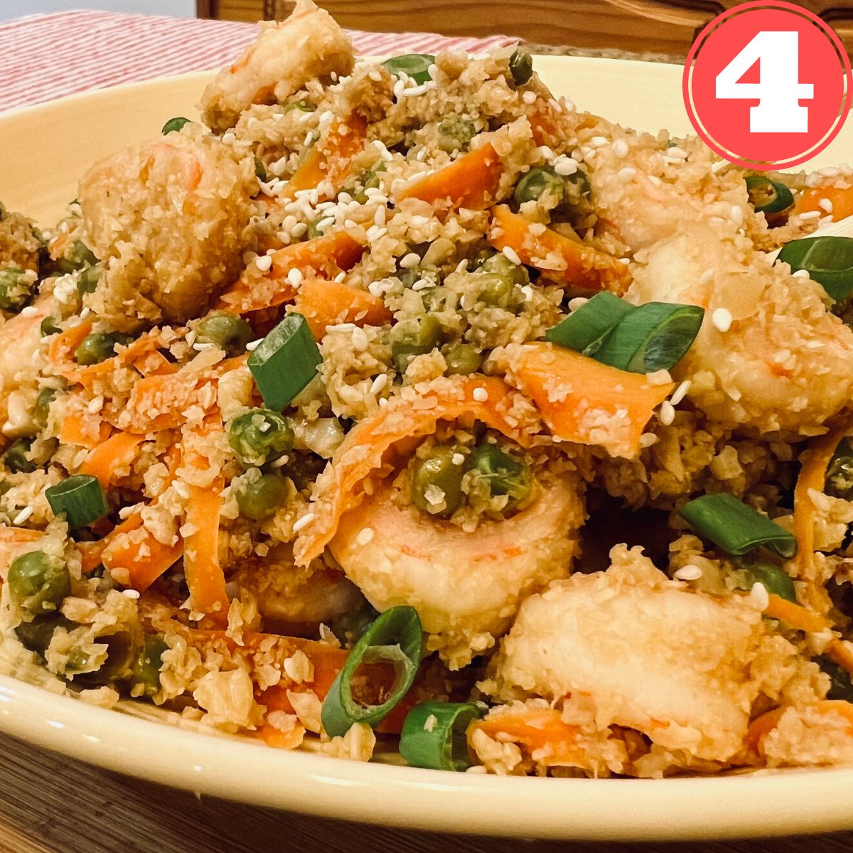 A bowl of healthy cauliflower shrimp fried rice