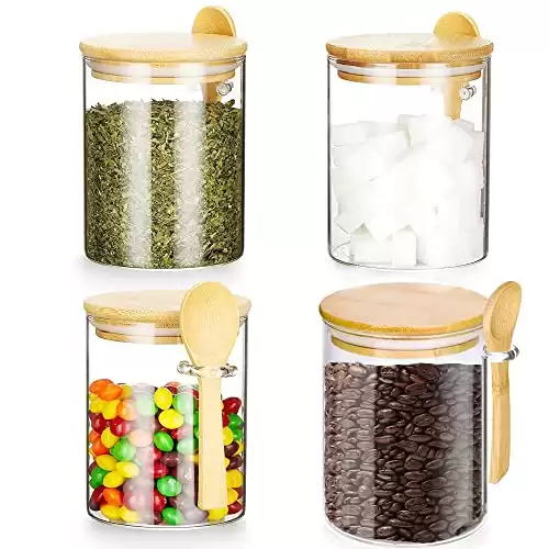 4Pack-18.5Oz,Glass Jars Containers with Bamboo Airtight Lid & Spoon, Food Storage Canister, Clear Glass Canisters for Cookie, Candy, Coffee, Sugar, Matcha Tea, Flour, Nuts & More