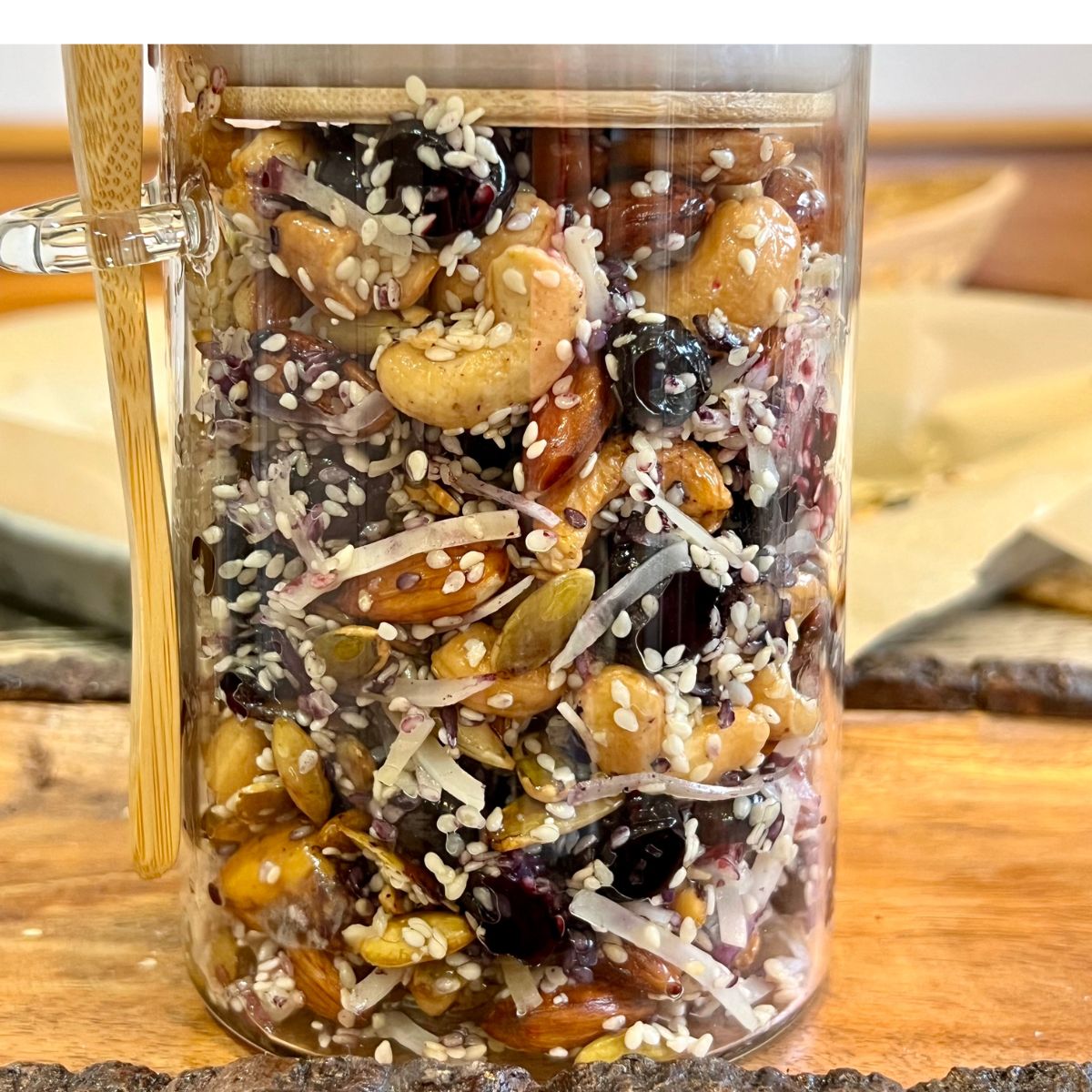 Low carb keto granola in a glass jar