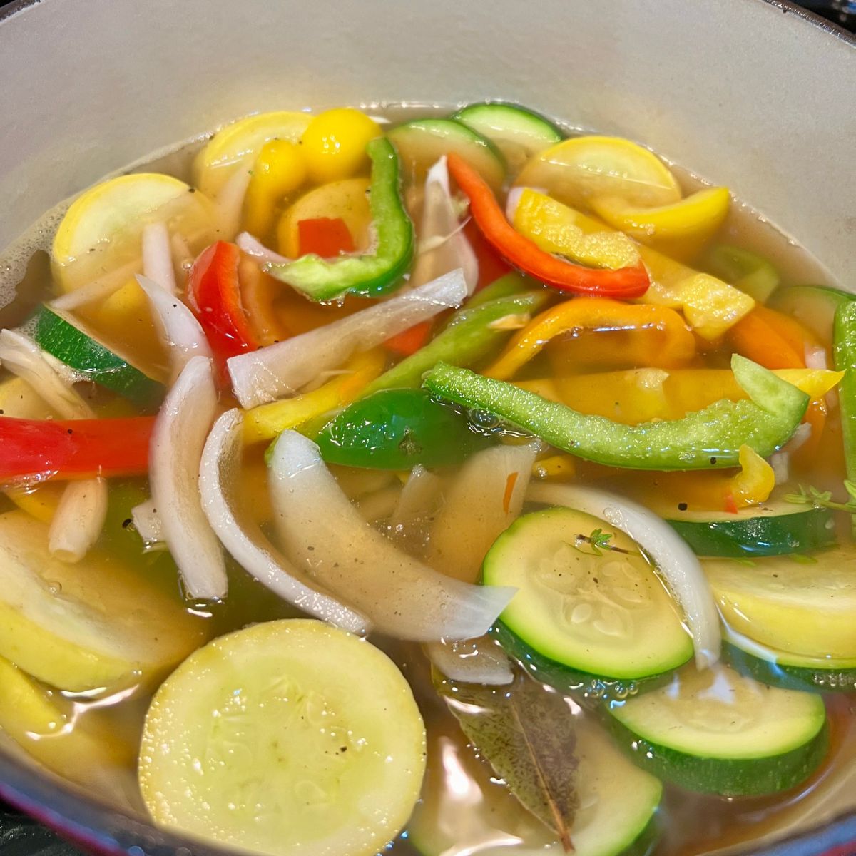 Squash Peppers and Onions in a stockpot