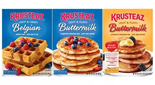 Krusteaz Waffle & Pancake Mix Variety Pack, 1 Belgian Waffle Mix (28 oz), 1 Buttermilk Pancake Mix (32 oz), 1 Heart Healthy Buttermilk Pancake Mix (25.2 oz), (3 CT)