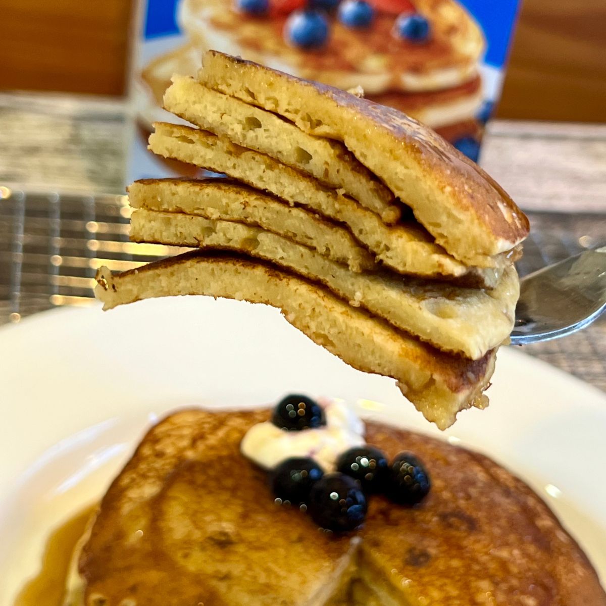 Buttermilk pancakes on a fork