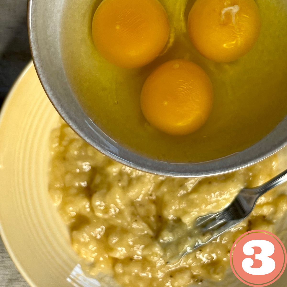 Pouring eggs into smashed bananas