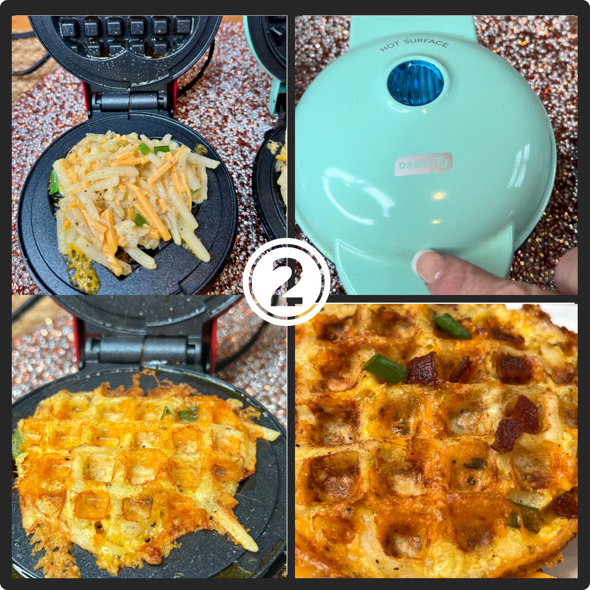 A Dash mini waffle maker with waffle batter and a golden brown cheddar hash brown waffle