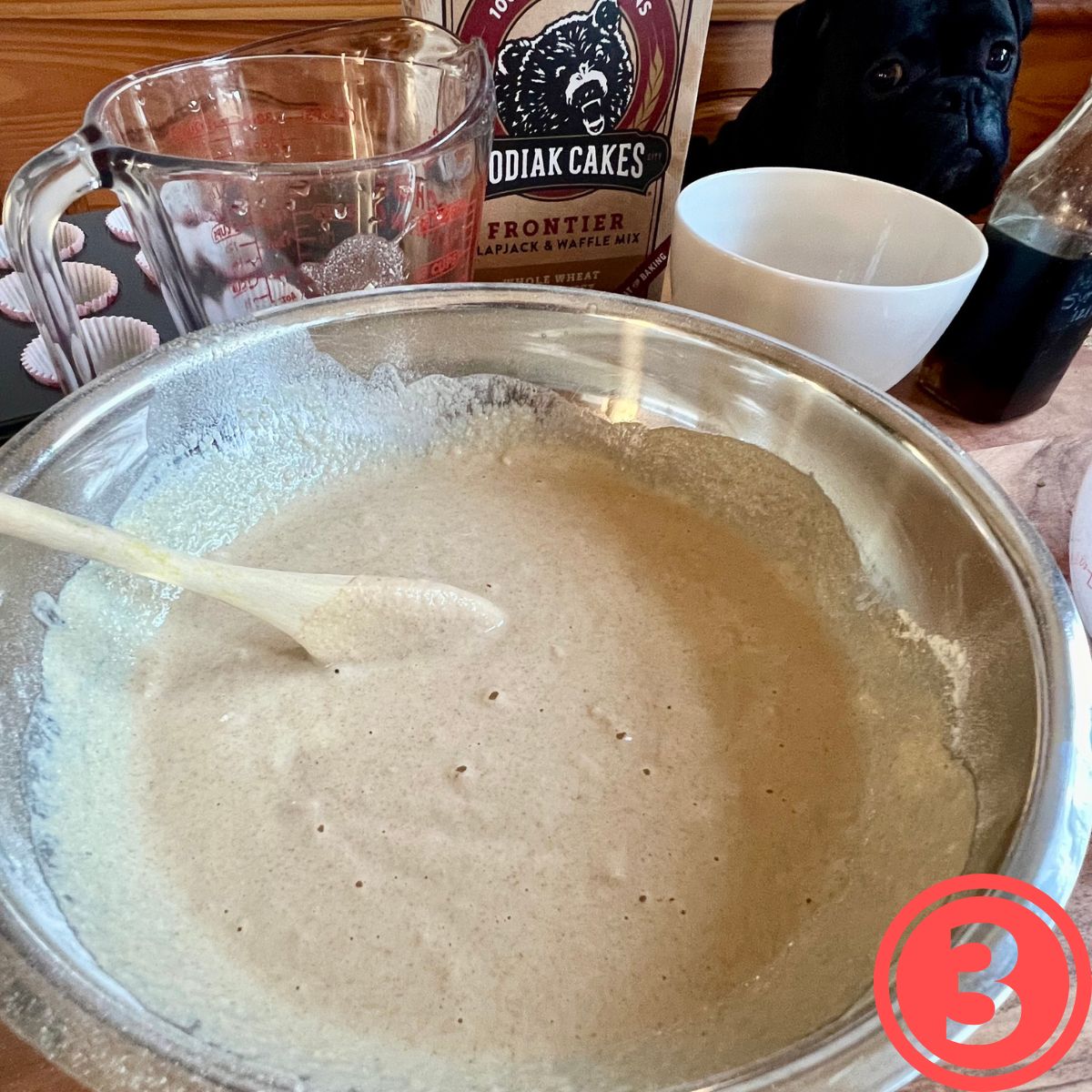 A bowl containing Canadian Bacon Pancake Batter