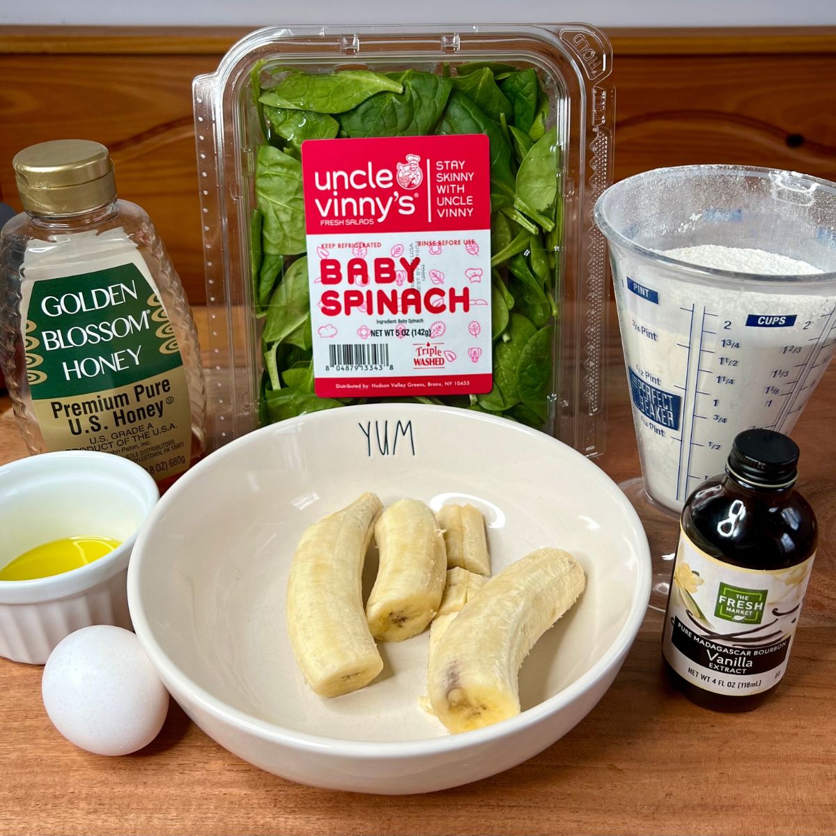 Spinach Muffin Ingredients - Honey, Box of Spinach. Canola Oil, Self rising flour, Bananas, egg and vanilla extract