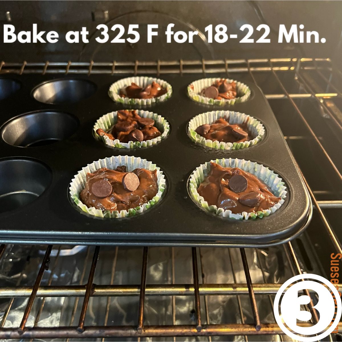 Chocolate Chip Protein Muffins in a muffin tin baking in the oven