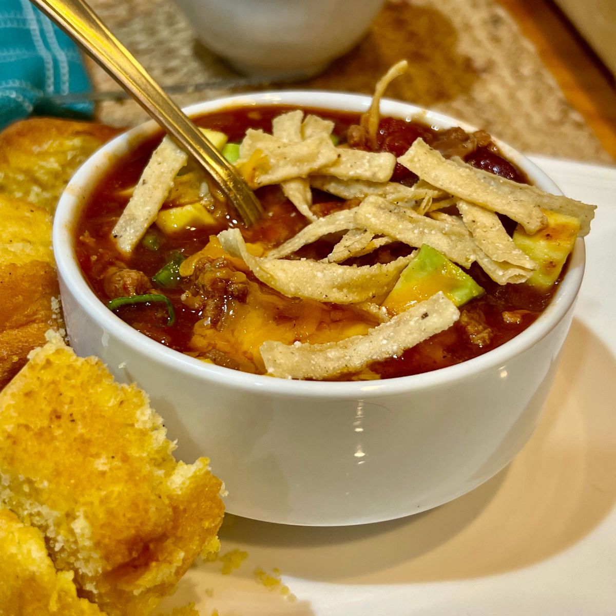 Slow Cooker 3 bean turkey chili in a white bowl