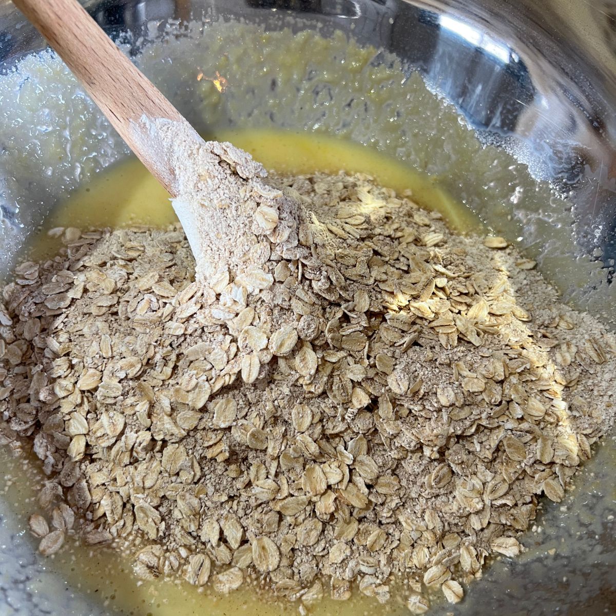 Oatmeal raisin muffin mix in a bowl