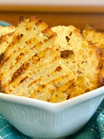 Cottage Cheese Chips in a white bowl