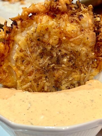 Parmesan Onion Ring chip in a bowl of chipotle dip