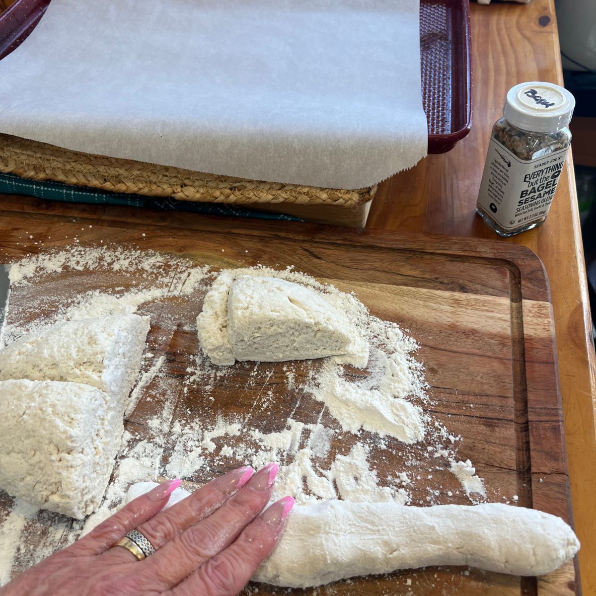 Rolling cottage cheese bagel dough