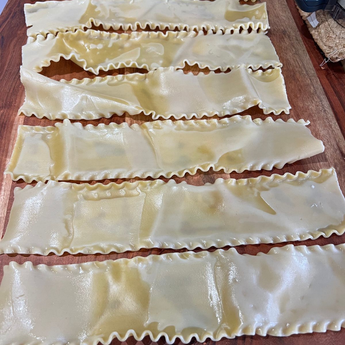 Lasagna noodles on a cutting board